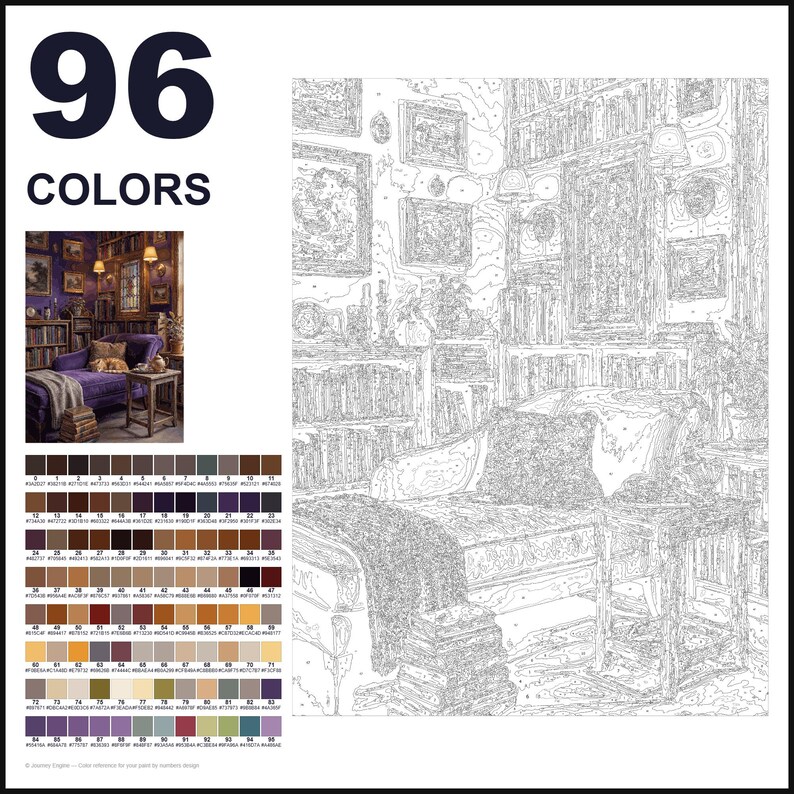 Puede incluir: Un kit de pintura por n&uacute;meros con una paleta de 96 colores y una plantilla de l&iacute;neas de un interior de biblioteca. El dise&ntilde;o incluye una chaise longue, estanter&iacute;as, cuadros en la pared y una mesa auxiliar. Una imagen muestra el resultado.
