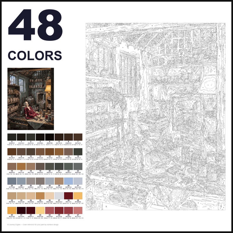 May include: A paint-by-numbers kit featuring a detailed line drawing of a workshop interior with shelves and a central figure. The layout includes a small color reference image, the text 48 COLORS, and a grid of 48 numbered color swatches.