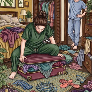 May include: A maroon hard-shell suitcase with four wheels is being packed with various clothing items. The suitcase is open, revealing folded garments and undergarments inside. The scene includes a bedroom setting with a bed, closet, and dresser.