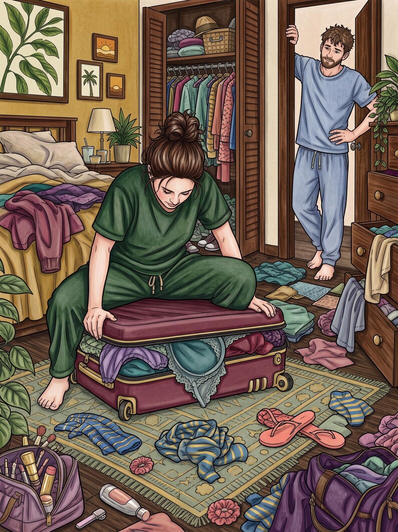 May include: A maroon hard-shell suitcase with four wheels is being packed with various clothing items. The suitcase is open, revealing folded garments and undergarments inside. The scene includes a bedroom setting with a bed, closet, and dresser.