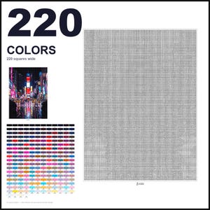 May include: A paint by numbers kit featuring a large grid of 220 squares wide, a small reference image of a city street at night, and a color palette chart with 220 numbered color swatches. The main canvas is a light gray grid pattern.