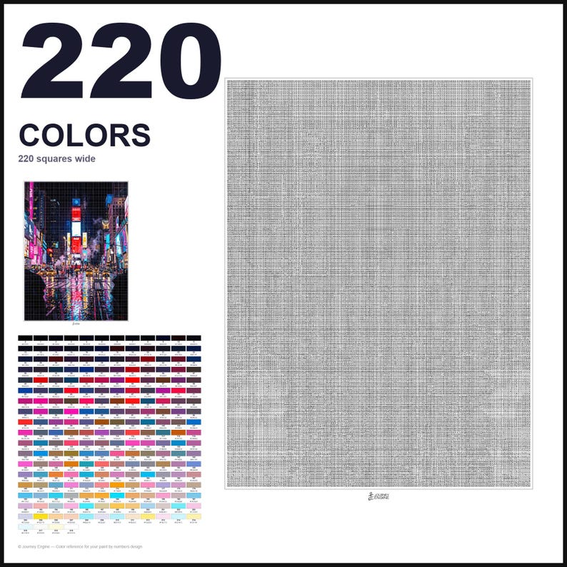 May include: A paint by numbers kit featuring a large grid of 220 squares wide, a small reference image of a city street at night, and a color palette chart with 220 numbered color swatches. The main canvas is a light gray grid pattern.