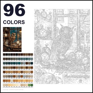 May include: A paint-by-numbers kit featuring 96 colors and a detailed line drawing of an owl surrounded by various clocks. The set includes a small color reference image showing the finished scene and a numbered grid for painting.