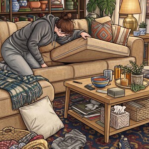 May include: A living room scene featuring a beige sofa with a person lifting a cushion, a wooden coffee table with a bowl, drinks, and a tissue box, a patterned rug, a wicker basket with textiles, and scattered footwear on the floor.
