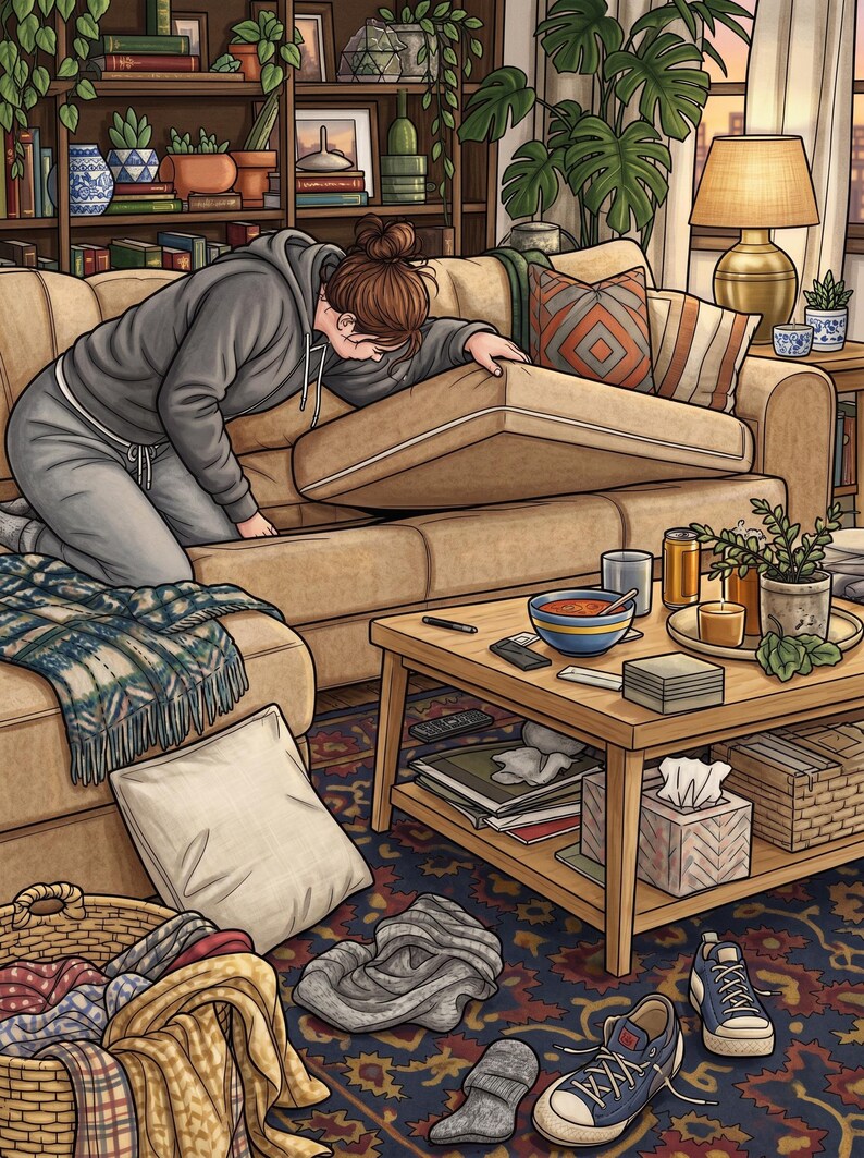 May include: A living room scene featuring a beige sofa with a person lifting a cushion, a wooden coffee table with a bowl, drinks, and a tissue box, a patterned rug, a wicker basket with textiles, and scattered footwear on the floor.