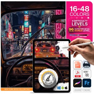 May include: A digital paint-by-number kit featuring a 1970s New York yellow taxi scene. The graphic displays 16-48 colors, 4 difficulty levels, and a 96-color bonus level. Includes file formats for SVG, PDF, PNG, and printing, plus a progress tracker.