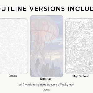 May include: Three rectangular paint-by-number templates labeled 3 OUTLINE VERSIONS INCLUDED. The left is a Classic outline, the center is a Color Hint version featuring a jellyfish over a cityscape, and the right is a High Contrast outline.