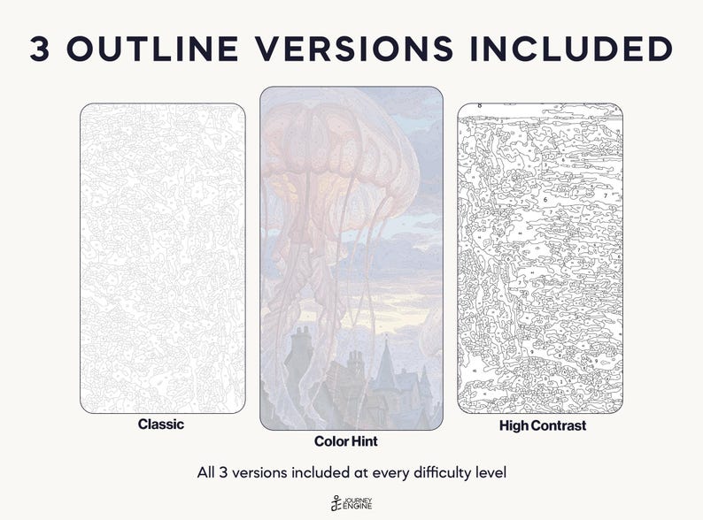 May include: Three rectangular paint-by-number templates labeled 3 OUTLINE VERSIONS INCLUDED. The left is a Classic outline, the center is a Color Hint version featuring a jellyfish over a cityscape, and the right is a High Contrast outline.