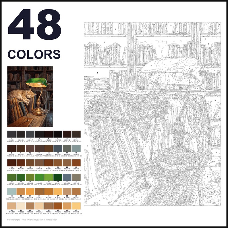 May include: A paint-by-numbers kit featuring 48 colors and a line art template of a cat sleeping on a desk next to a lamp and books. The kit includes a small reference image showing the finished scene with a green lamp and a tabby cat.