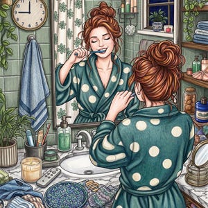 May include: A digital illustration of a person with auburn hair in a messy bun wearing a teal robe with white polka dots, brushing their teeth in front of a bathroom mirror. The scene includes a sink, toiletries, a wall clock, and green plants.