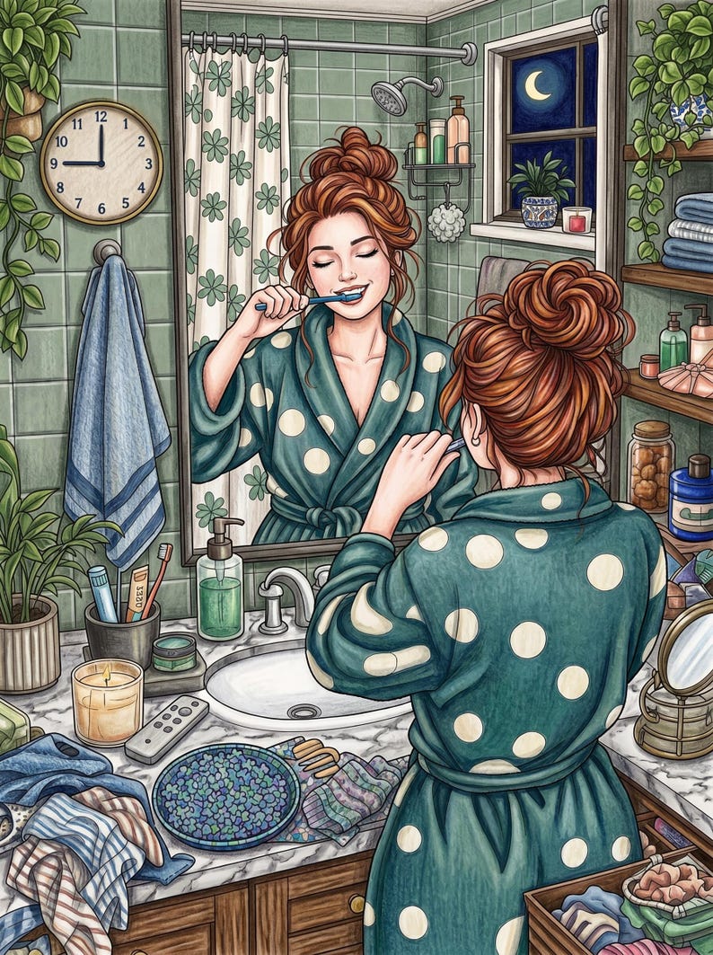 May include: A digital illustration of a person with auburn hair in a messy bun wearing a teal robe with white polka dots, brushing their teeth in front of a bathroom mirror. The scene includes a sink, toiletries, a wall clock, and green plants.
