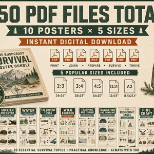 K&ouml;nnte beinhalten: Ein digitales Paket mit 50 PDF-Dateien, das 10 Bushcraft-&Uuml;berlebensposter in 5 Gr&ouml;&szlig;en enth&auml;lt. Die Themen umfassen Erste Hilfe, Unterst&auml;nde, Wasser, Werkzeuge, essbare Wildpflanzen, Fallenstellen, Navigation, Bushcraft-F&auml;higkeiten und Knoten.