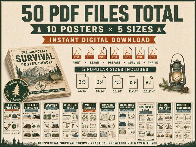 K&ouml;nnte beinhalten: Ein digitales Paket mit 50 PDF-Dateien, das 10 Bushcraft-&Uuml;berlebensposter in 5 Gr&ouml;&szlig;en enth&auml;lt. Die Themen umfassen Erste Hilfe, Unterst&auml;nde, Wasser, Werkzeuge, essbare Wildpflanzen, Fallenstellen, Navigation, Bushcraft-F&auml;higkeiten und Knoten.