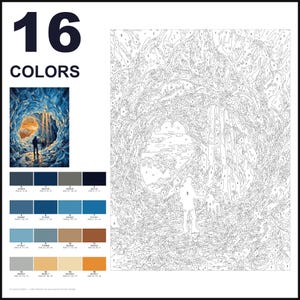 K&ouml;nnte beinhalten: Ein Malen-nach-Zahlen-Set mit 16 Farben, einem Referenzbild einer Person in einer blauen Eish&ouml;hle mit Blick auf einen warmen orangefarbenen Horizont sowie einer gro&szlig;en nummerierten Vorlage zum Ausmalen der Szene mit Farbfeldern.