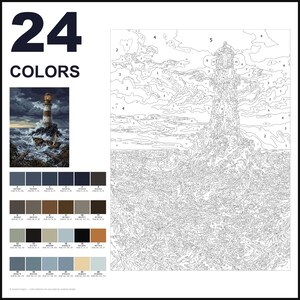 May include: A paint-by-numbers kit featuring a lighthouse scene with 24 colors. The set includes a numbered outline of a lighthouse on a rocky shore amidst stormy waves, a small color reference image, and a palette of 24 distinct paint color swatches.