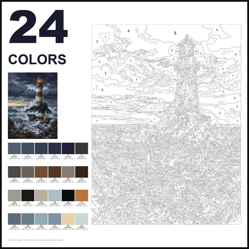 May include: A paint-by-numbers kit featuring a lighthouse scene with 24 colors. The set includes a numbered outline of a lighthouse on a rocky shore amidst stormy waves, a small color reference image, and a palette of 24 distinct paint color swatches.