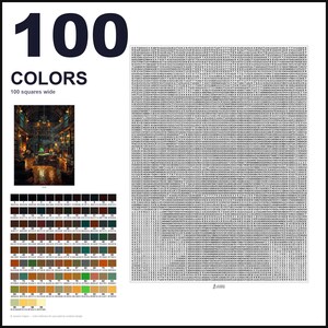May include: A paint-by-numbers pattern featuring a large grid of 100 squares wide, filled with small numerical digits. The layout includes a reference image of a library, a color key with 100 distinct swatches labeled 0-99, and the text 100 COLORS.