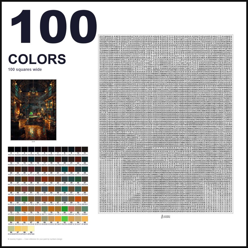 May include: A paint-by-numbers pattern featuring a large grid of 100 squares wide, filled with small numerical digits. The layout includes a reference image of a library, a color key with 100 distinct swatches labeled 0-99, and the text 100 COLORS.