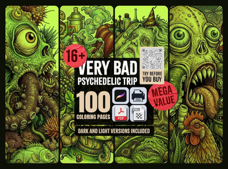 May include: A digital collection of 100 coloring pages titled Very Bad Psychedelic Trip, featuring green-toned illustrations of monsters, tentacles, and a chicken. Includes PDF, PNG, and Procreate file formats with dark and light versions.