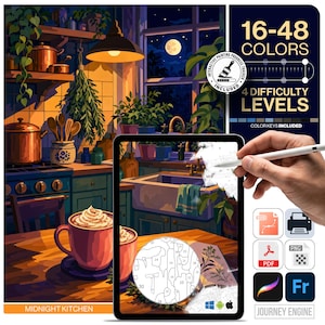 Paint by Numbers Adults | Midnight Kitchen Moon Candle Cozy Night Scene | Cottagecore Printable Wall Art Gift | SVG PDF PNG Instant Download