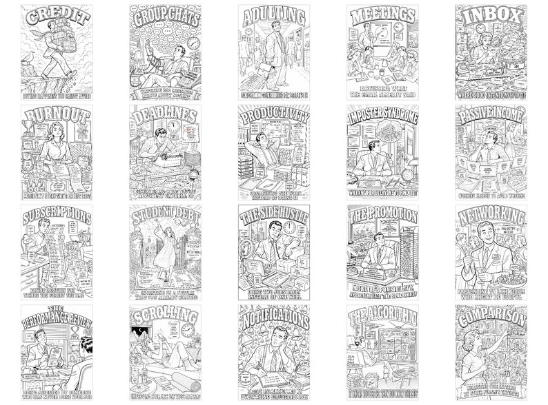 Modern Life Propaganda Coloring Book | Funny Dark Humor Adult Coloring Pages | 40 Sarcastic Vintage Scenes | Funny Gift | Printable Download image 5
