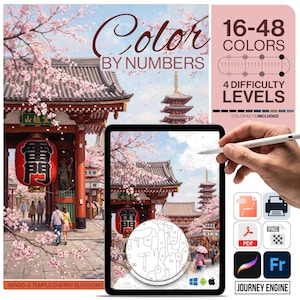 以下が含まれることがあります： 桜の花が咲く日本の寺院のシーンを描いた、デジタル塗り絵アートキット。キットには16〜48色と4つの難易度レベルが含まれています。画像には、アートワークとスタイラスが描かれたタブレットが表示されています。