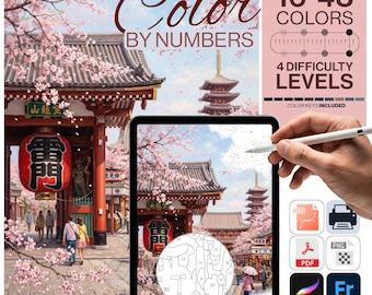 Tokyo Paint by Numbers Digital | 4 Levels 16-48 Colors | Svg Pdf Png | Japan Mount Fuji Cherry Blossom Temple Wall Art