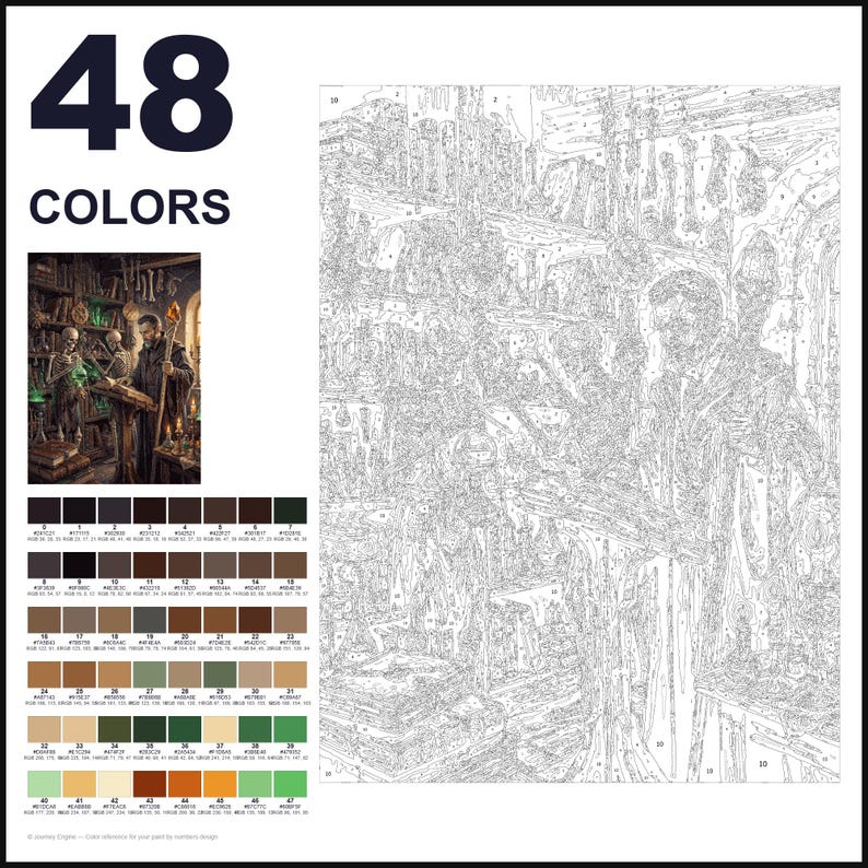 May include: A paint-by-numbers kit featuring 48 colors and a detailed line drawing of a wizard in a library with skeletons. The set includes a small color reference image, a numbered palette of paint pots, and a large canvas with numbered outlines.
