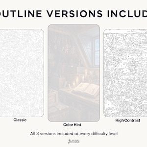 May include: Three paint-by-number outline versions labeled Classic, Color Hint, and High Contrast. The Classic and High Contrast versions show black line art on white backgrounds, while the Color Hint version shows a faded interior scene.