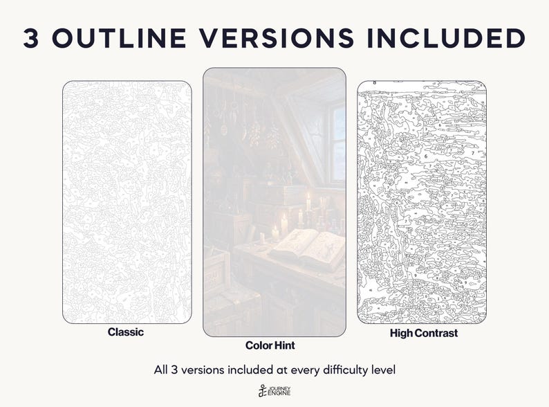 May include: Three paint-by-number outline versions labeled Classic, Color Hint, and High Contrast. The Classic and High Contrast versions show black line art on white backgrounds, while the Color Hint version shows a faded interior scene.