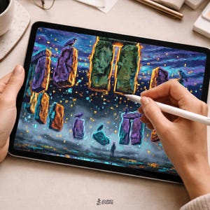 May include: A digital tablet displaying a pixel art illustration of a stone circle monument at night. The artwork features glowing purple, green, and orange rectangular monoliths set against a dark blue starry sky with scattered light particles.