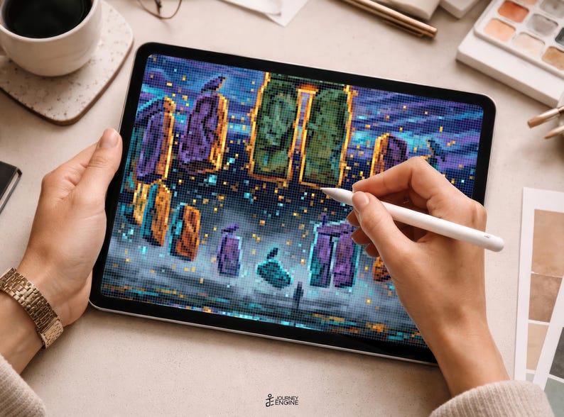 May include: A digital tablet displaying a pixel art illustration of a stone circle monument at night. The artwork features glowing purple, green, and orange rectangular monoliths set against a dark blue starry sky with scattered light particles.