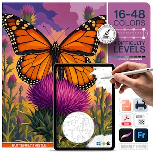 Pode incluir: Um kit digital de pintura por números com uma borboleta monarca numa flor de cardo. O gráfico inclui texto indicando 16-48 cores, 4 níveis de dificuldade e butterfly thistle. Um tablet exibe uma secção numerada para colorir.