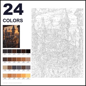 May include: A paint-by-numbers kit featuring a numbered outline of a castle with a dragon in a nest. The set includes a small color reference image, 24 numbered color swatches with RGB values, and a large canvas with numbered sections for painting.