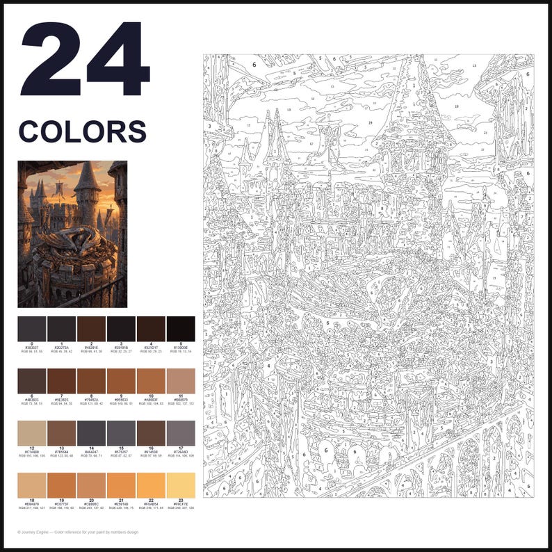May include: A paint-by-numbers kit featuring a numbered outline of a castle with a dragon in a nest. The set includes a small color reference image, 24 numbered color swatches with RGB values, and a large canvas with numbered sections for painting.