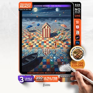 May include: A digital diamond mosaic art file titled Checkerboard Beach at Midnight for iPad, featuring a surreal beach scene with a red and white striped cabin, colorful checkered ground, floating balloons, and a boat, with 350 colors and 3 levels.