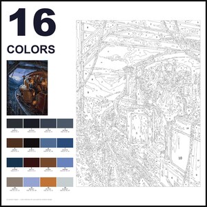 May include: A paint-by-number kit featuring a train traveling through a mountain landscape. The image includes a small color reference, a numbered outline of the scene, and a palette of 16 colors labeled 0 through 15 with RGB values.