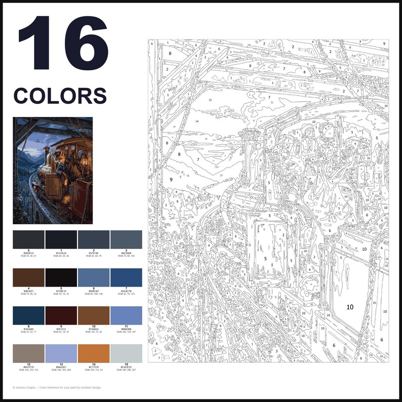May include: A paint-by-number kit featuring a train traveling through a mountain landscape. The image includes a small color reference, a numbered outline of the scene, and a palette of 16 colors labeled 0 through 15 with RGB values.