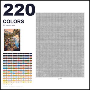 May include: A paint-by-numbers canvas template featuring a large grid of 220 squares wide, a small color reference image of a Mediterranean terrace, and a comprehensive chart of 220 numbered color swatches for precise painting guidance.
