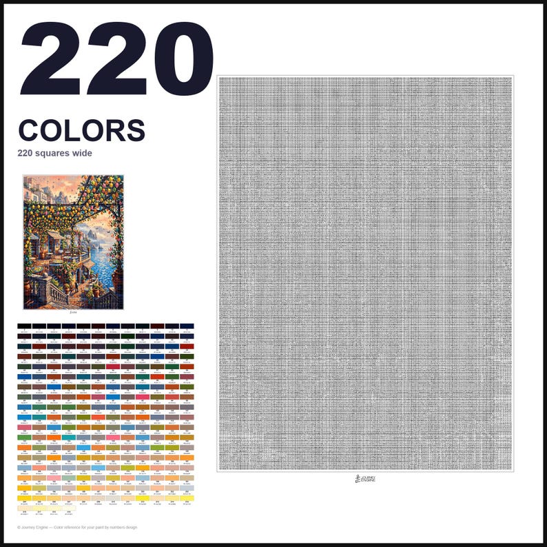 May include: A paint-by-numbers canvas template featuring a large grid of 220 squares wide, a small color reference image of a Mediterranean terrace, and a comprehensive chart of 220 numbered color swatches for precise painting guidance.
