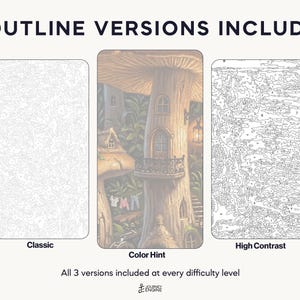 May include: Three paint-by-number templates labeled 3 OUTLINE VERSIONS INCLUDED. The left is a Classic outline, the center is a Color Hint image of a mushroom house, and the right is a High Contrast outline. Text at bottom reads All 3 versions included at every difficulty level and Journey Engine.