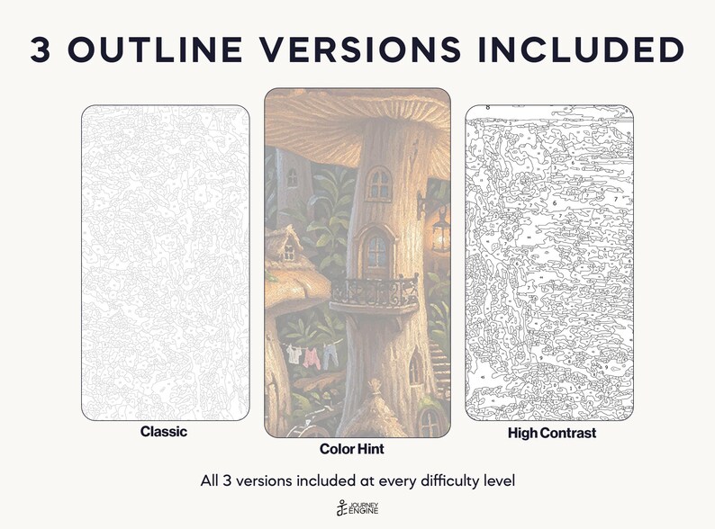 May include: Three paint-by-number templates labeled 3 OUTLINE VERSIONS INCLUDED. The left is a Classic outline, the center is a Color Hint image of a mushroom house, and the right is a High Contrast outline. Text at bottom reads All 3 versions included at every difficulty level and Journey Engine.