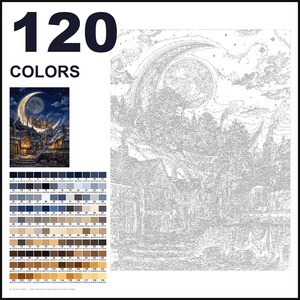 May include: A paint-by-numbers kit featuring a large outline of a village under a crescent moon and a full moon. The image includes a small colored reference picture, the text 120 COLORS, and a grid of 120 numbered color swatches with hex codes.