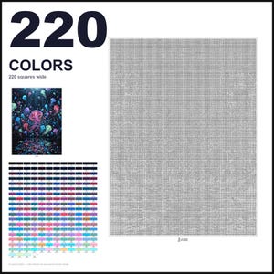 May include: A large grey grid canvas for a paint-by-numbers project, labeled 220 COLORS and 220 squares wide. It includes a small color reference image of glowing jellyfish in dark water and a detailed chart of 220 distinct color swatches.