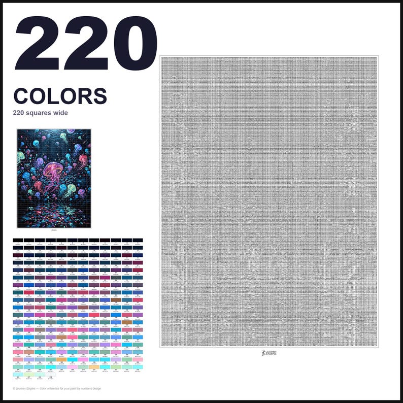 May include: A large grey grid canvas for a paint-by-numbers project, labeled 220 COLORS and 220 squares wide. It includes a small color reference image of glowing jellyfish in dark water and a detailed chart of 220 distinct color swatches.