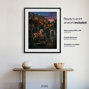 May include: A framed digital art print depicting a weathered carousel horse at dusk, illuminated by string lights. The text reads: Ready to print artwork included, High-resolution PNG + PDF sized for A3, Scalable SVG poster print up to 60x90 cm.