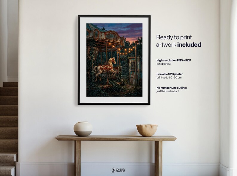 May include: A framed digital art print depicting a weathered carousel horse at dusk, illuminated by string lights. The text reads: Ready to print artwork included, High-resolution PNG + PDF sized for A3, Scalable SVG poster print up to 60x90 cm.