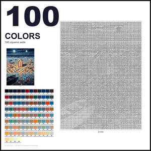 May include: A paint-by-numbers pattern featuring a grid of 100 squares wide, labeled 100 COLORS. It includes a small reference image of a beach scene with a cabin, a color palette with 100 numbered swatches and hex codes, and a large grid of numbers.