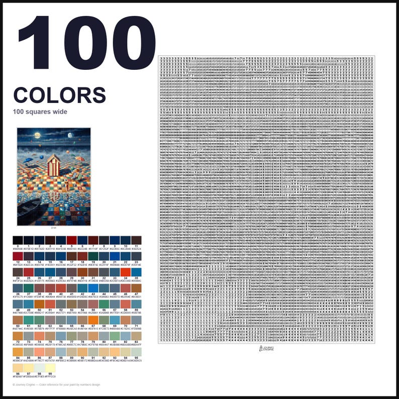May include: A paint-by-numbers pattern featuring a grid of 100 squares wide, labeled 100 COLORS. It includes a small reference image of a beach scene with a cabin, a color palette with 100 numbered swatches and hex codes, and a large grid of numbers.