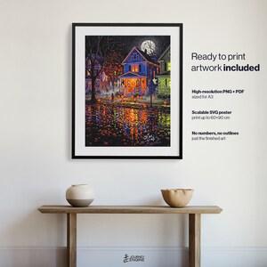 May include: A framed digital art print depicting a nighttime neighborhood scene with a blue house, glowing orange pumpkins, and a full moon. Text on the right reads: Ready to print artwork included, High-resolution PNG + PDF sized for A3, Scalable SVG poster print up to 60x90 cm, No numbers, no outlines, just the finished art.